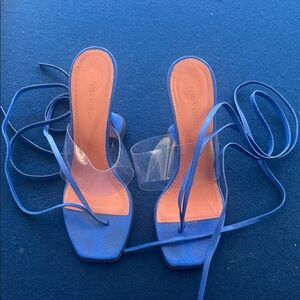Amina Muaddi Blue Strappy Heels Modern Design
